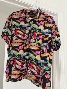 Nicole Miller Black Short-Sleeve Shirt with Multicolor Flip-Flop Print